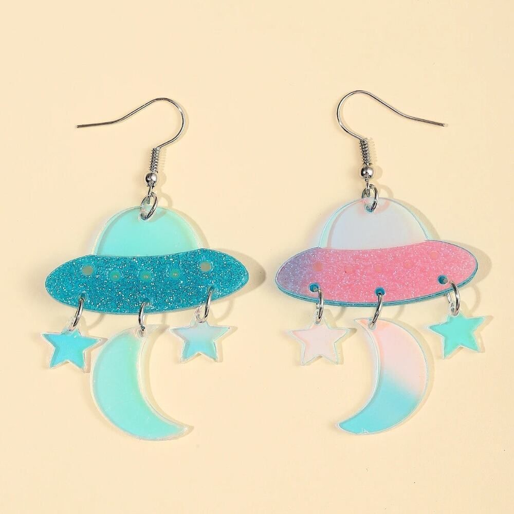Iridescent Alien Spaceship‎ Earrings with Stars and Moons